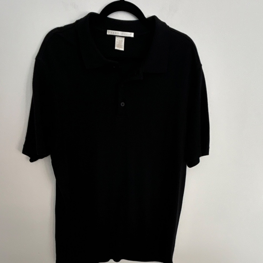 Perry Ellis Men's L Polo Shirt Black Short Sleeve Cotton‎ Rayon Collared Button